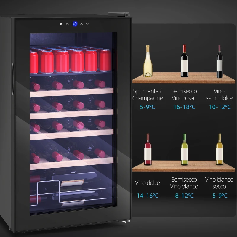 HOMCOM Cantinetta Frigo per Vino da 63L con Ripiani Regolabili per 16 Bottiglie e 25 Lattine, 43x45x74 cm, Nero