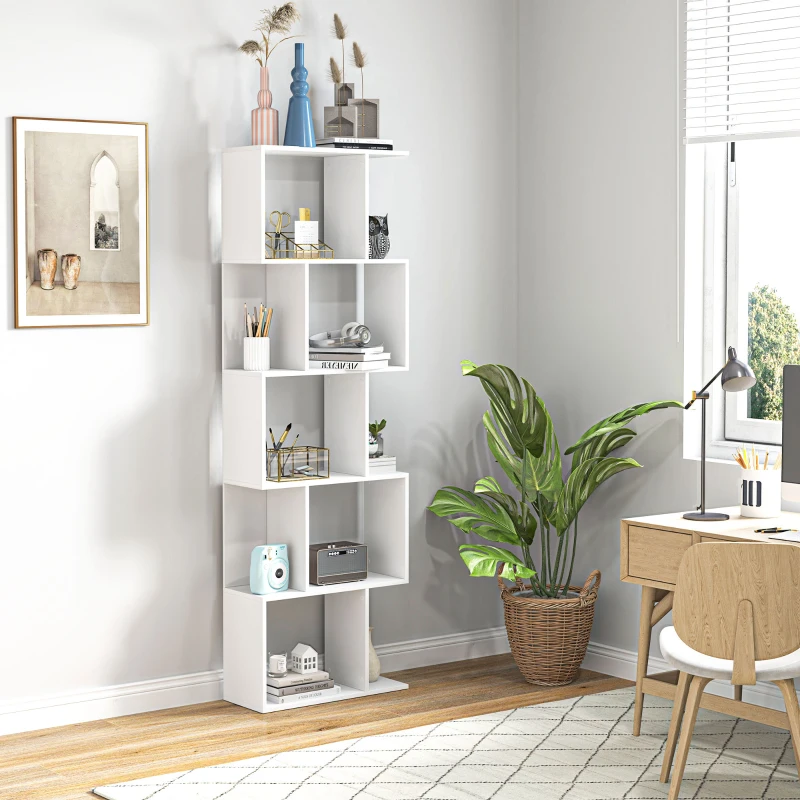 HOMCOM Estantería Librería de 5 Niveles en Forma de S con 10 Estantes para Dormitorio Estudio Oficina 60x24x184,5 cm Blanco