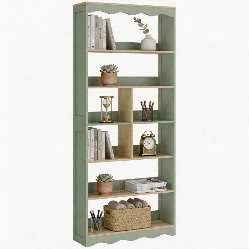 HOMCOM Bibliothèque, étagère de rangement à 6 niveaux avec 6 compartiments ouverts, 76 x 23,8 x 180 cm, bois naturel et vert