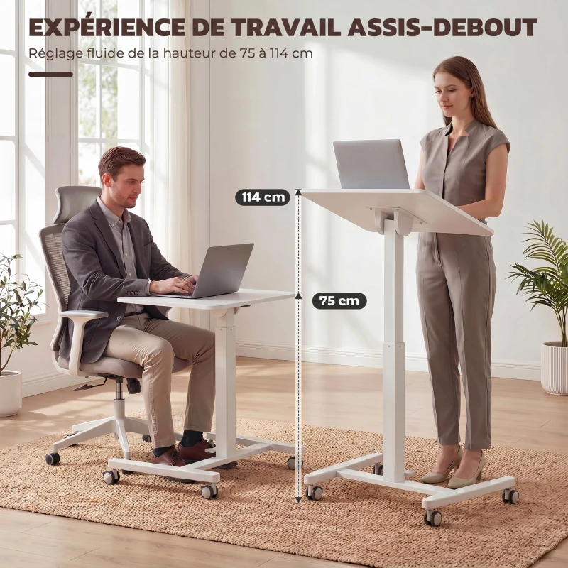 HOMCOM Bureau Debout Réglable en Hauteur, Plateau Inclinable, Roulettes et Cadre en Acier, 60,5 x 52 x 75-114 cm, Blanc