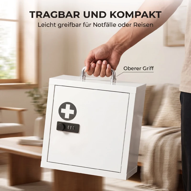 HOMCOM Medizinschrank zur Wandmontage mit Zahlenschloss, 2-stufiger Erste-Hilfe-Schrank aus Edelstahl, Weiß