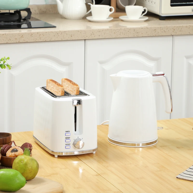 HOMCOM Set Fierbător Electric de 1.7L 2200W cu Termostat și Prăjitor de Pâine Dublu cu 7 Niveluri de Rumeneală, Alb