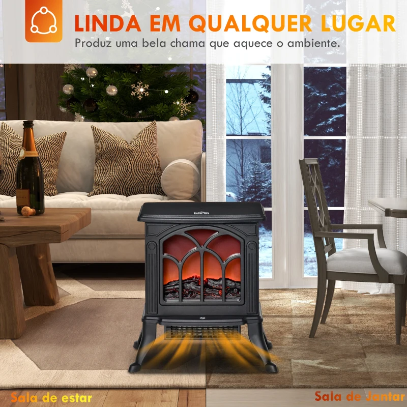HOMCOM Lareira Elétrica  750/1500 W Lareira Decorativa com 2 Níveis de Potência Efeito Chama Área de Cobertura 15-20 m² 37,3x23,1x44 cm Preto