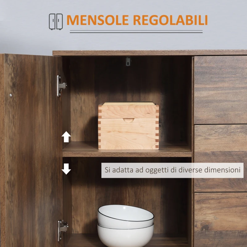 HOMCOM Credenza Moderna in Truciolato e Metallo con 2 Armadietti a 2 Ante con Ripiani e 3 Cassetti, 120x39.5x77 cm