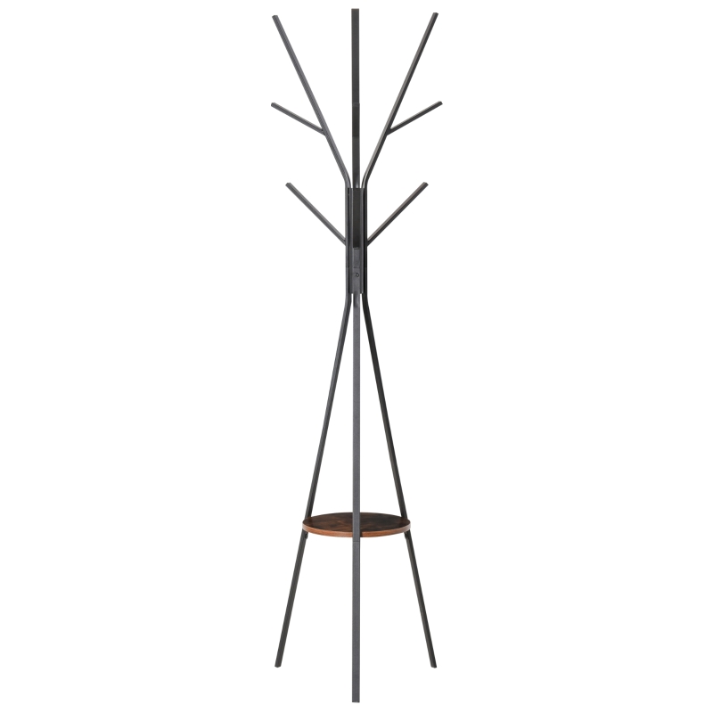 HOMCOM Freestanding Metal Coat Rack Stand 9 Hooks Clothes Tree with 1 Shelf Hat Display Hall Tree Hanger Bag Umbrella Hanging Organiser Brown