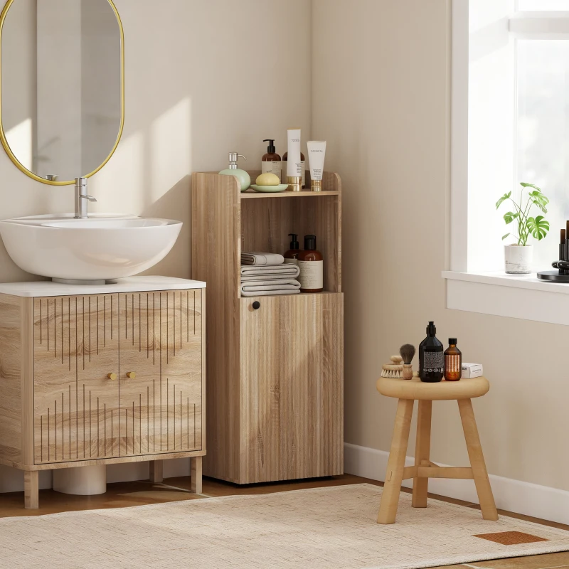 HOMCOM Meuble salle de bain, meuble de rangement étroit 4 niveaux, placard, compartiment ouvert, 40 x 31 x 104 cm, chêne jaune