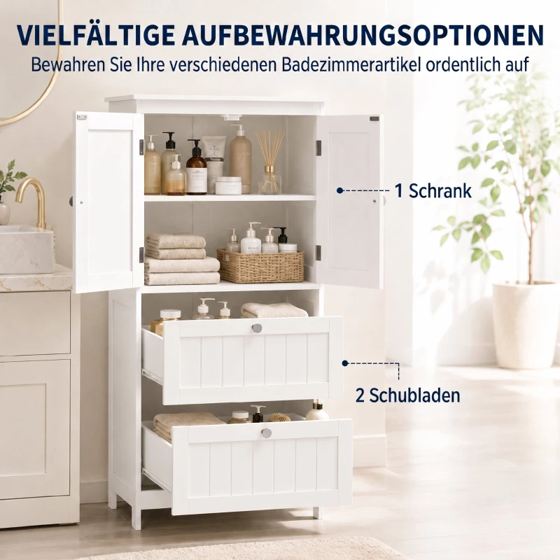 HOMCOM Badezimmerschrank mit 2 Schubladen, freistehend, mit verstellbarem Einlegeboden und Türen in Lamellenoptik, Weiß