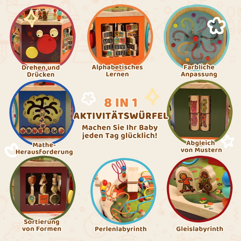 AIYAPLAY Motorikwürfel, 8-in-1 Aktivitätswürfel mit Motorikschleife, Perlenlabyrinth, 41,5 x 37,5 x 37,5 cm, Mehrfarbig