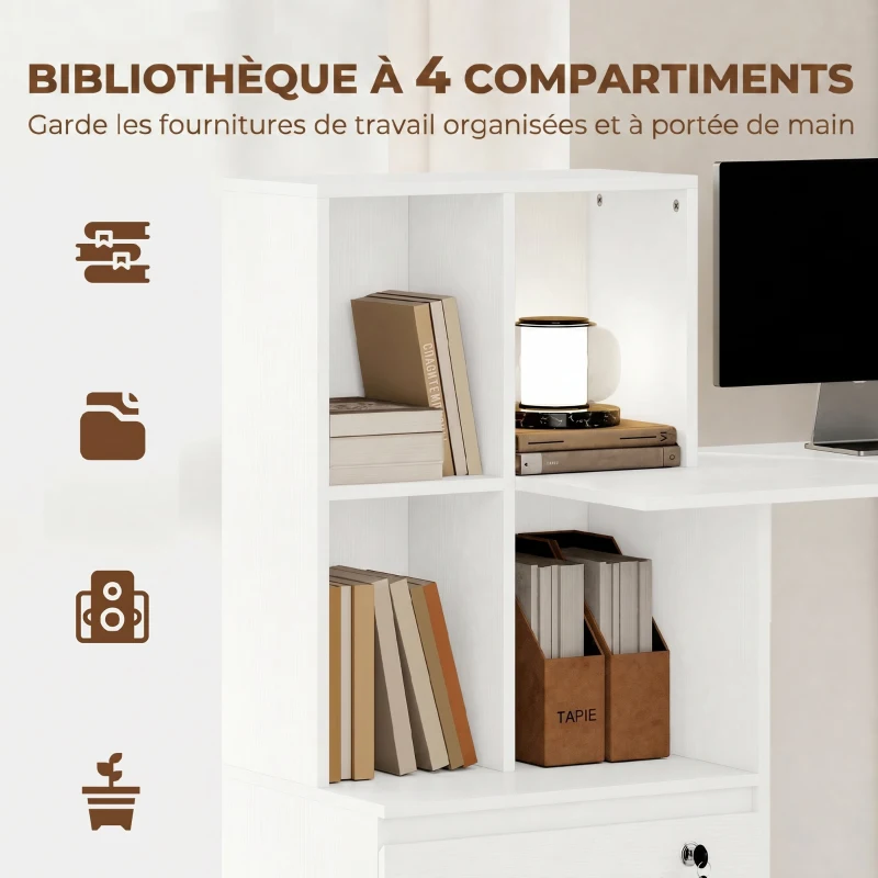 HOMCOM Bureau d'ordinateur avec bibliothèque 4 compartiments et tiroir verrouillable, 126 x 50 x 109 cm, grain de bois blanc