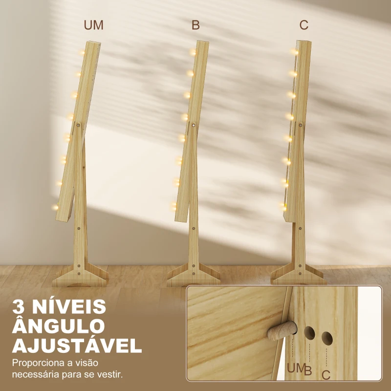 HOMCOM Espelho Joalheiro com Luzes LED Armário para Joias com Ângulo Ajustável Prateleiras Ranuras para Anéis 36x30x136 cm Madeira