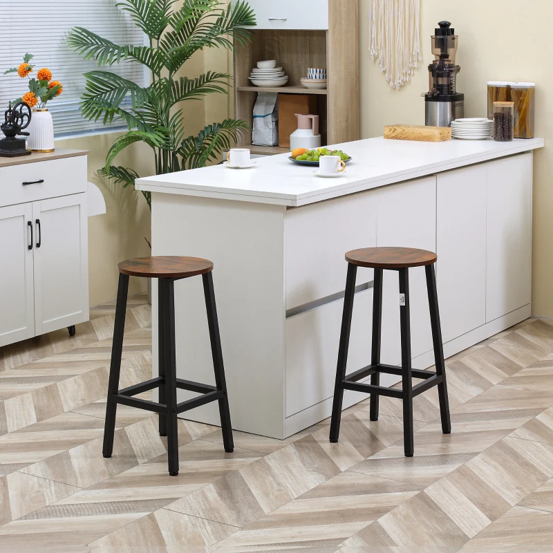 HOMCOM Set 2 Sgabelli da Cucina in Truciolato e Acciaio con Piano Liscio e Poggiapiedi, 32.5x32.5x65 cm, Marrone