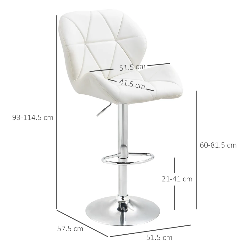 HOMCOM Set 2 Sgabelli da Bar con Altezza Regolabile, Base in Metallo e Seduta in Pelle PU, Sgabelli Cucina con Schienale e Poggiapiedi, 51.5x57.5x93-114.5cm, Bianco