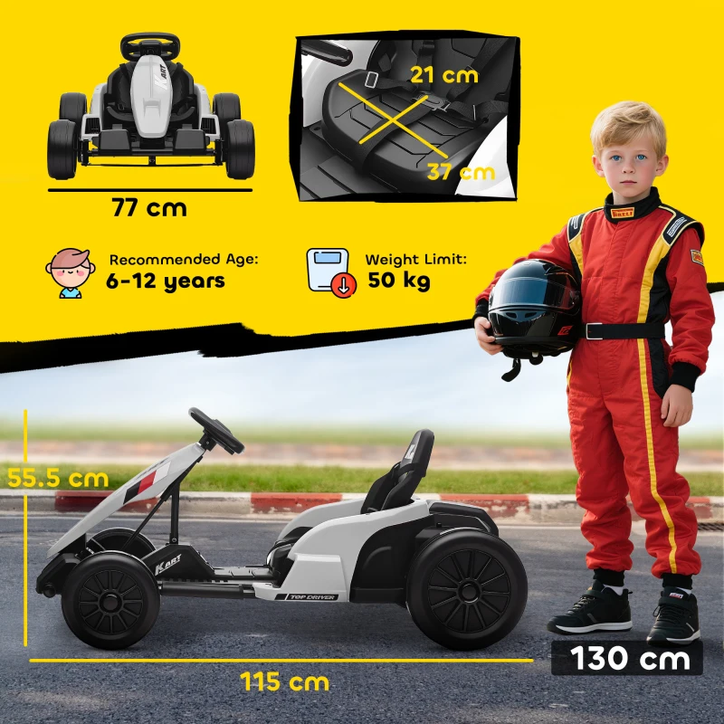 AIYAPLAY 24V Electric Go Kart, Drift Kart with Adjustable Seat, Slow Start, 5-Point Harness, Music, for 6-12 Years, White