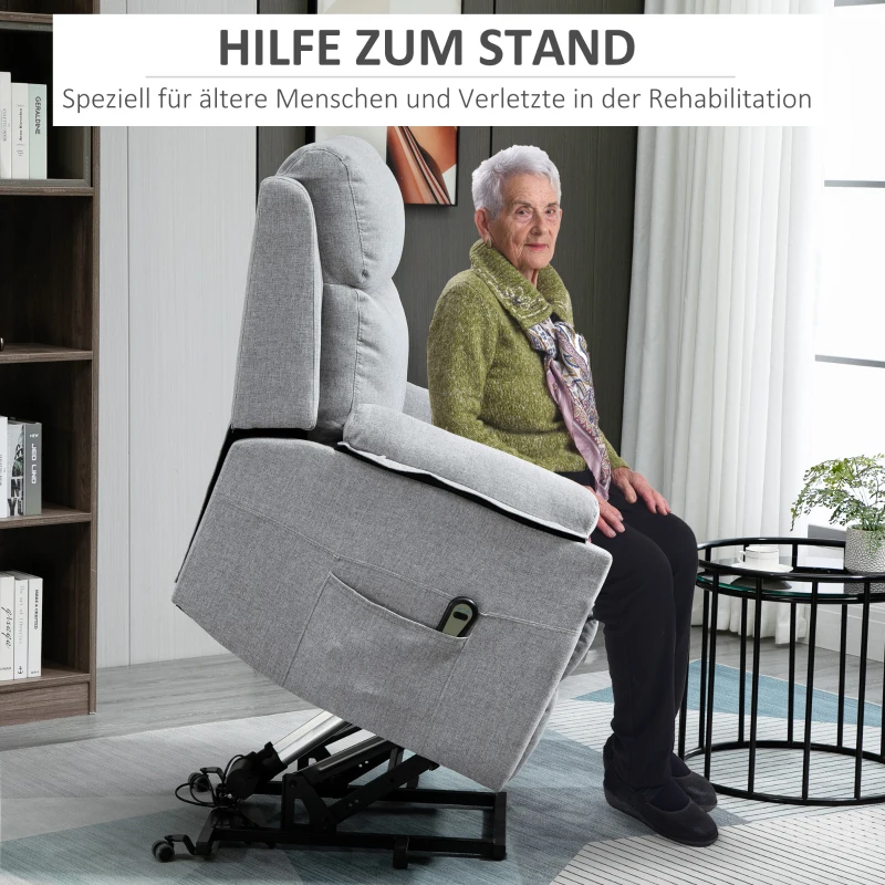 HOMCOM Relaxfauteuil met opsta-hulp, elektrisch, ligfunctie, afstandsbediening, tasjesvering, tot 120 kg, grijs