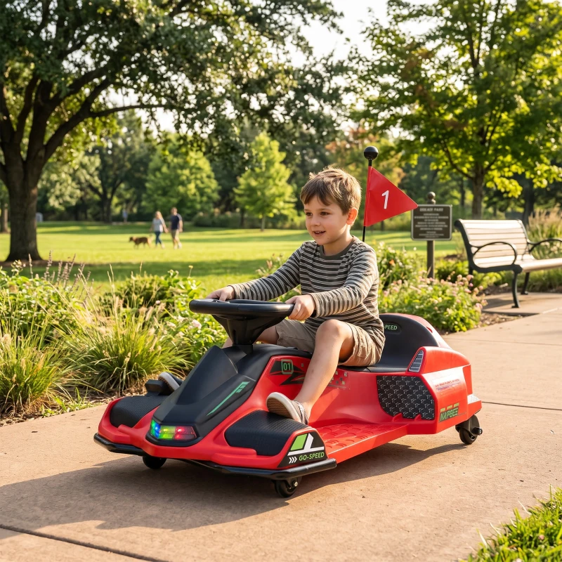 HOMCOM Kart électrique pour enfant 12V, karting enfant, vitesse réglable 3-8 km/h, mode de dérive, 90 x 53 x 99 cm, rouge(m-10)