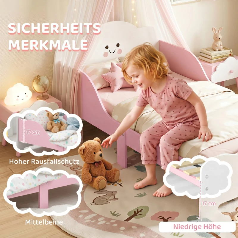 AIYAPLAY Kinderbett, 140 x 70 cm Bettgestell mit hohen Schutzgitter für Kinder von 3-6 Jahren, ohne Matratze, Rosa