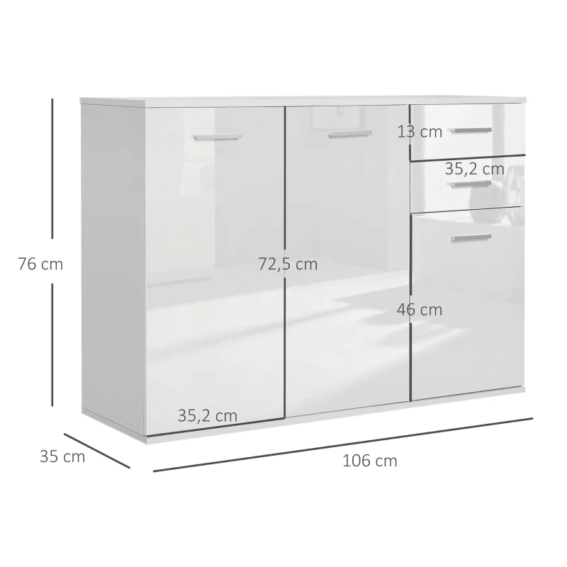 HOMCOM Buffet salon à haut brillance, meuble de rangement avec 2 tiroirs, 3 portes et étagère réglable, style contemporain, buffet salle à manger et cuisine, 106 x 35 x 76 cm, blanc