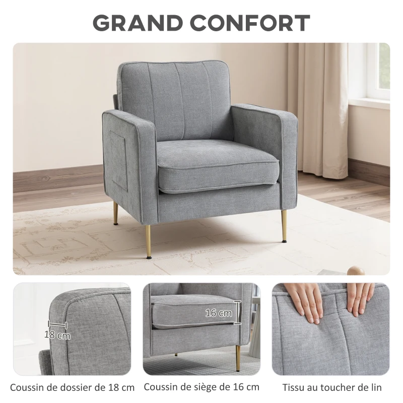 HOMCOM Fauteuil en tissu avec pieds en acier doré, grand confort, pochettes latérales, pour salon, bureau, chambre, gris