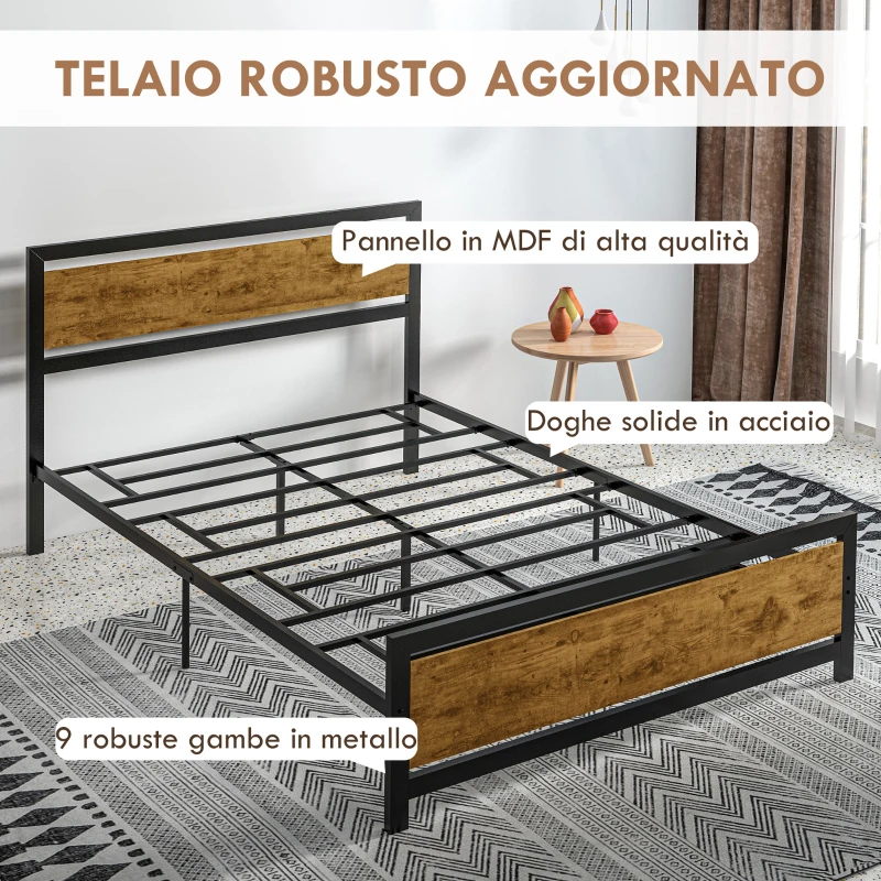 HOMCOM Struttura Letto Una Piazza e Mezza in Legno e Acciaio con Doghe in Stile Industriale, 140x200cm