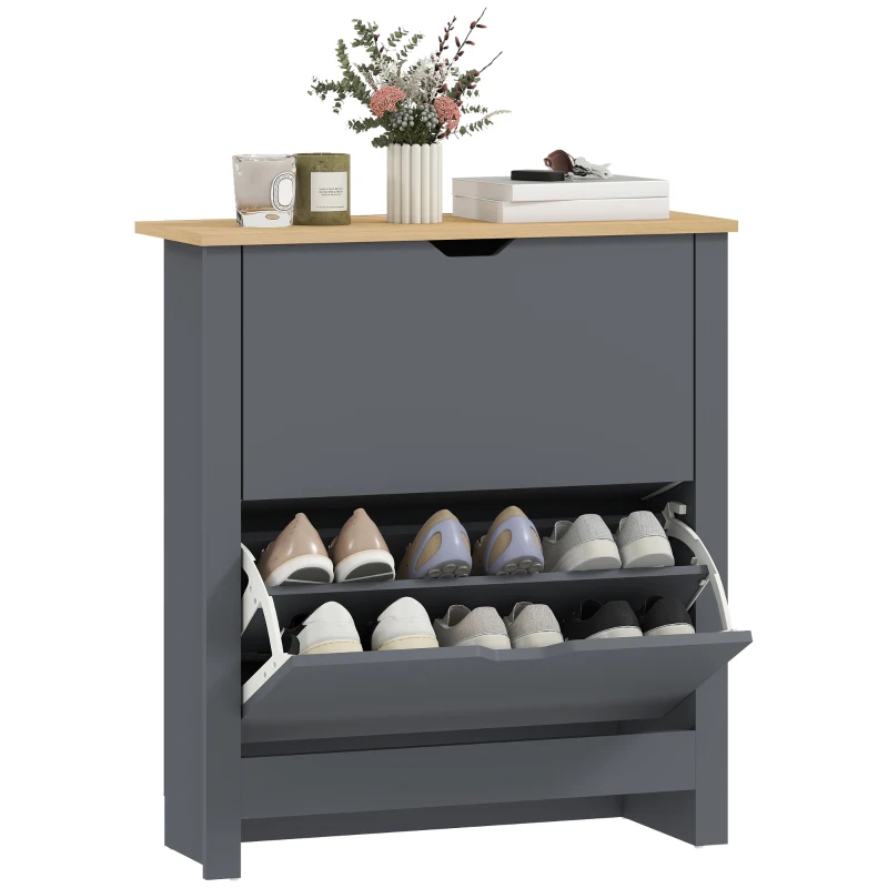 HOMCOM Schuhschrank mit 2 Klappfächern, verstellbar Trennwand für 8-12 Paar Schuhe, 72 x 26 x 80 cm, Dunkelgrau