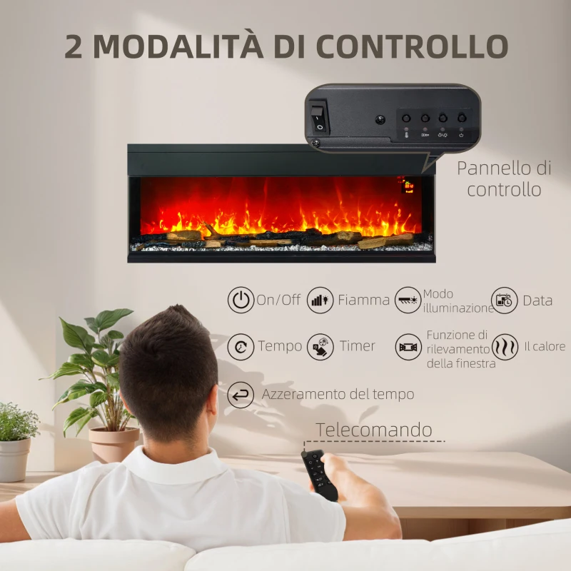HOMCOM Camino Elettrico da Incasso e Parete 1800W con Fiamme Colorate LED Regolabili, Temperatura fino 40°C, Nero