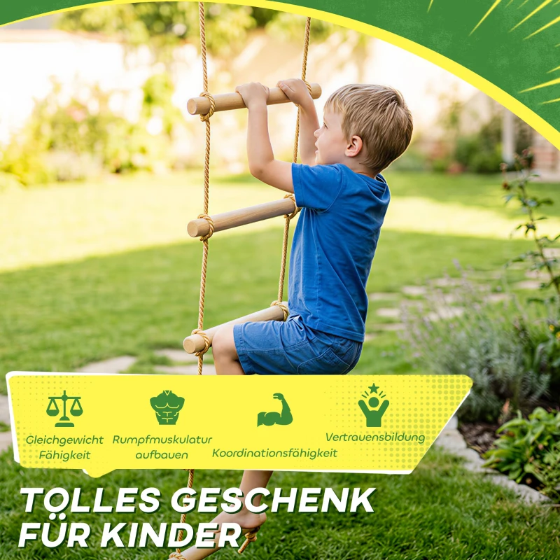 AIYAPLAY Strickleiter für Kinder 5-stufige Kletterleiter mit 2 Karabinern 2 Baumgurten für 3-8 Jahre 40 x 3,5 x 180 cm Naturholz