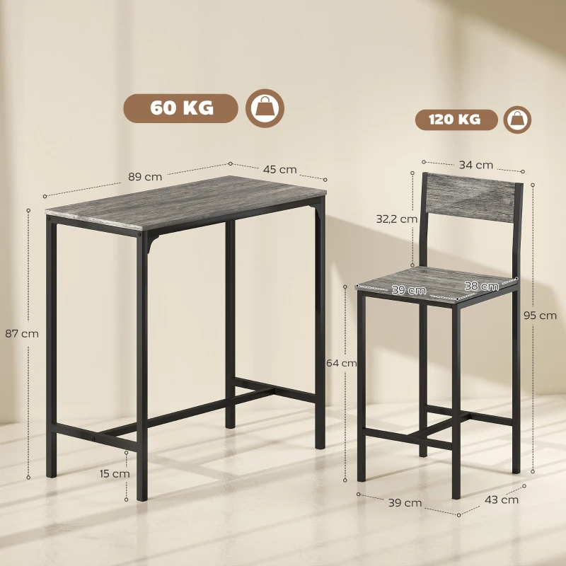 HOMCOM Ensemble table de bar avec tabourets, table à manger debout avec 2 chaises de bar, repose-pieds et dossiers, gris