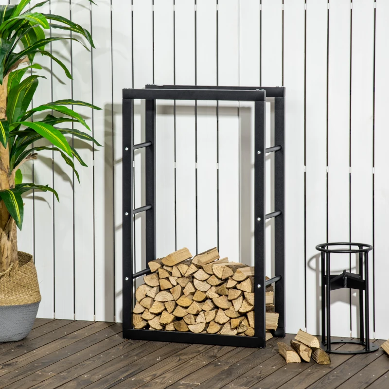 HOMCOM Kaminholzregal Metall 60 x 25 x 100 cm Brennholzregal Stapelhilfe Stahlrahmen bis 100kg Kaminholzunterstand Outdoor Holzregal Feuerholzregal für Garten Terrasse Außen Schwarz