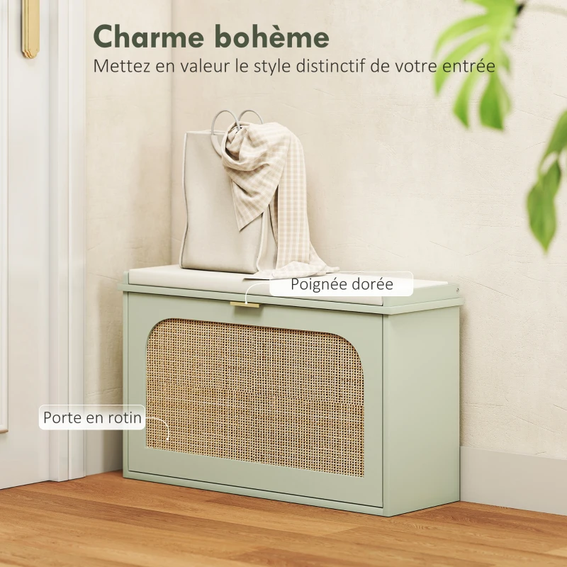 HOMCOM Banc à chaussures, banc de rangement, assise rembourrée, tiroir rabattable, porte en rotin, 80 x 26 x 47,5 cm, vert