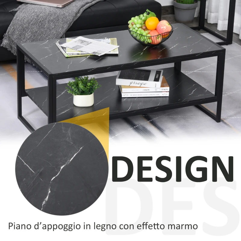 HOMCOM Tavolino da Caffè Nero, Tavolino Effetto Marmo con Ripiano Inferiore, da Soggiorno o Ufficio, Design Moderno, Telaio in Acciaio, 106x50x45cm, Nero