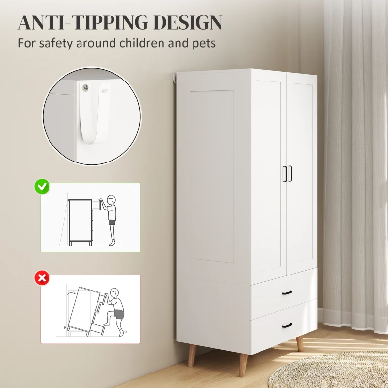 HOMCOM 2-Door Wardrobe, Modern Wardrobe with 2 Drawers and Hanging Rail for Bedroom, White