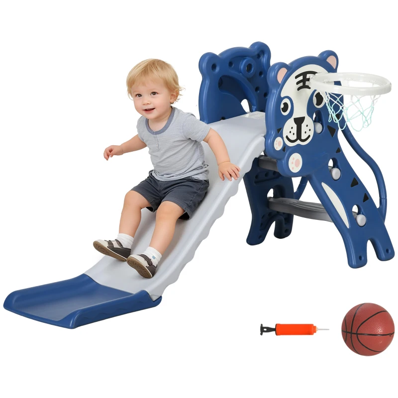 AIYAPLAY 3 in 1 Kinderrutsche mit Klettergerüst Basketballkorb Kleinkindrutsche, Cartoon-Design ür Kleinkinder 18-36 Monaten Blau