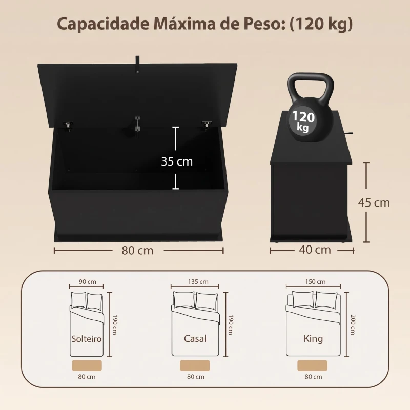 HOMCOM Baú de Arrumação 102 L com Dobradiça de Segurança Estilo Moderno para Corredor Quarto e Sala de Estar 80x40x45 cm Preto