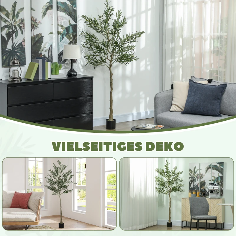 HOMCOM Kunstplant Olijfboom, 180 cm, 900 Bladeren, 40 Olijven, Stabiele Bloempot, Decoratieplant, Groen