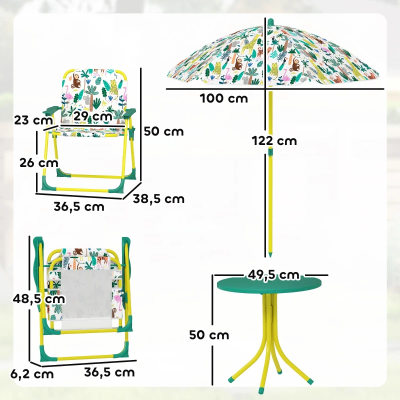 AIYAPLAY Conjunto Infantil de Mesa e Cadeiras de Jardim de 4 Peças Cadeiras Dobráveis Chapéu de Sol Desmontável Design de Selva Verde