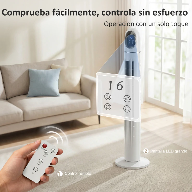 HOMCOM Ventilador de Torre con Control Remoto 3 Velocidades 3 Modos Temporizador 24H Oscilación 70° Pantalla LED Blanco