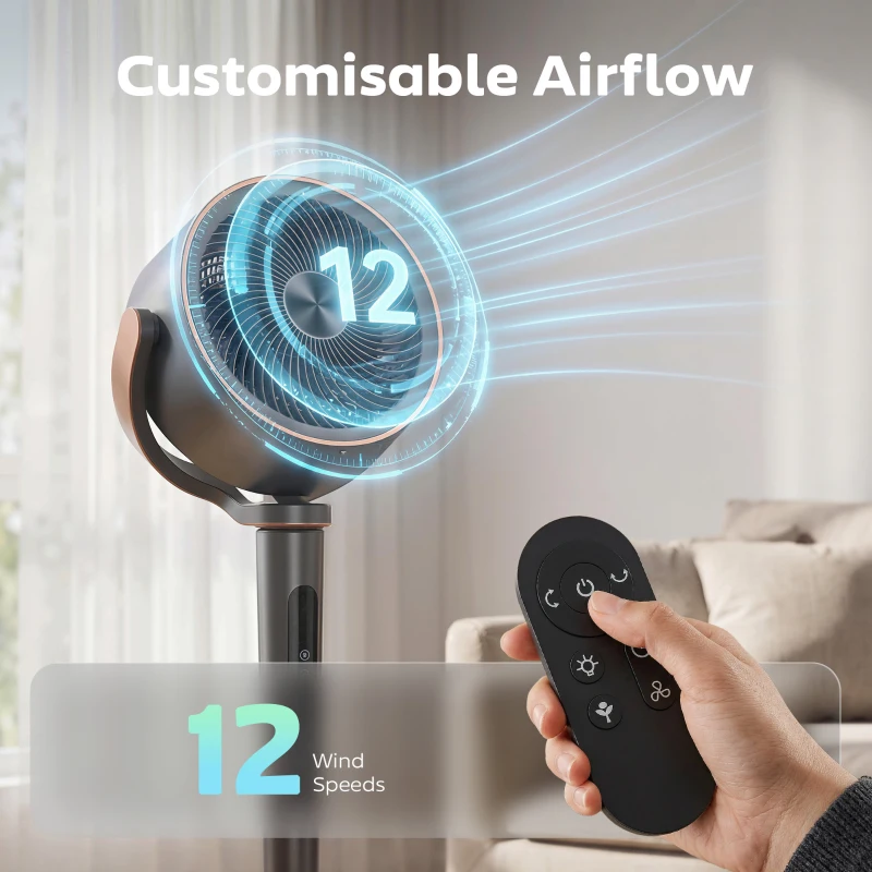 HOMCOM 20dB Silent Standing Fan, 70°+90° Auto Oscillating Fan with 12 Speeds, LED Light, Air Circulator, Remote Control, 12H Timer, for Bedroom, 46 Inch, Grey