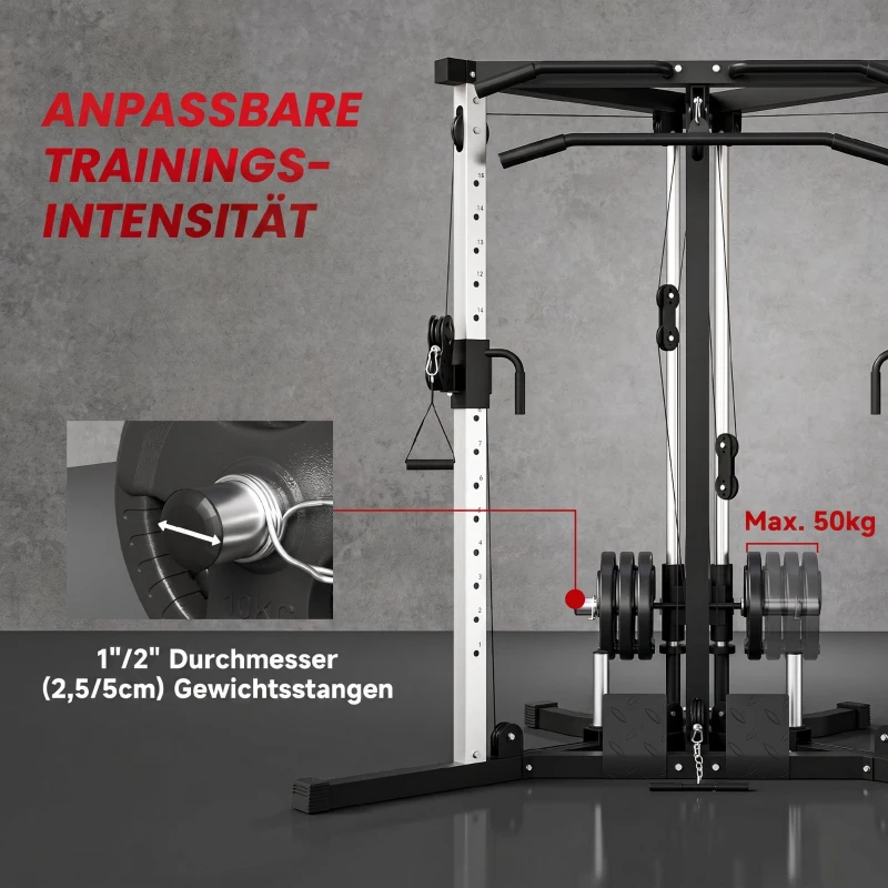 SPORTNOW Kraftstation Fitnessstation mit Latzug, Klimmzugstange Curl-/Ruderstange Griffe, 15-fach verstellbar