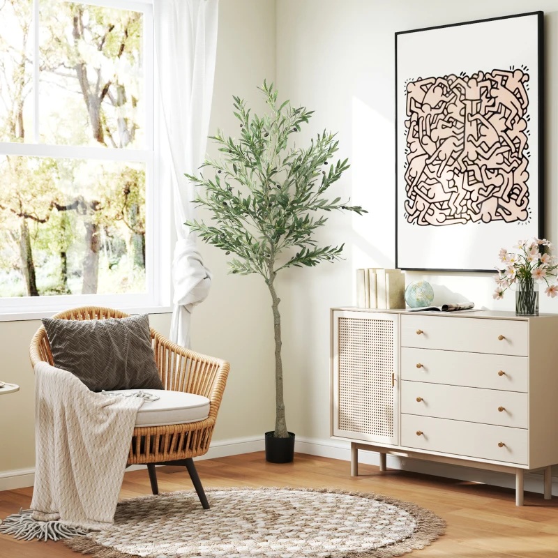 HOMCOM Plantă artificială de măslin, înaltă de 180 cm, cu 900 de frunze și 40 de măsline, ghiveci inclus