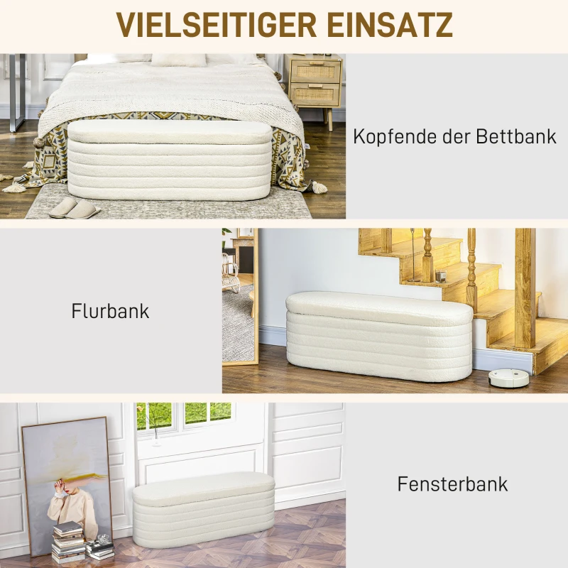 HOMCOM Bank met Opbergruimte, Gestoffeerde Bank met Teddy-fleece, Bedbank met Houten Frame, Schoenenbank voor Slaapkamer, Woonkamer, Hal 116 x 41 x 40,5 cm, Crèmewit(m-6)