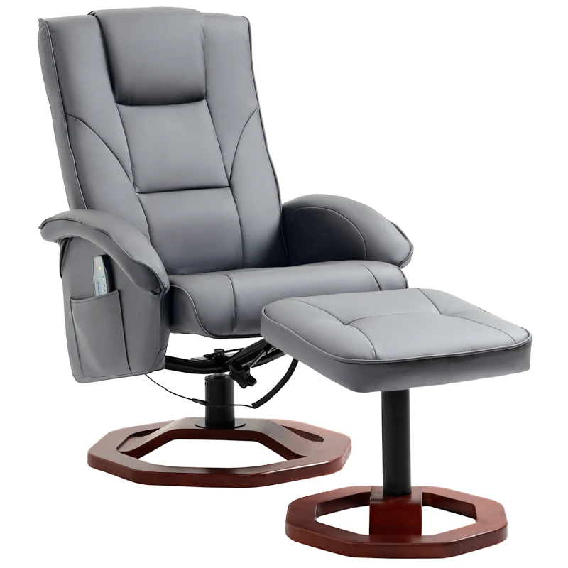 HOMCOM Massagestoel met hocker, ligfunctie, afstandsbediening, draaibaar, lederlook, tot 150 kg, donkergrijs
