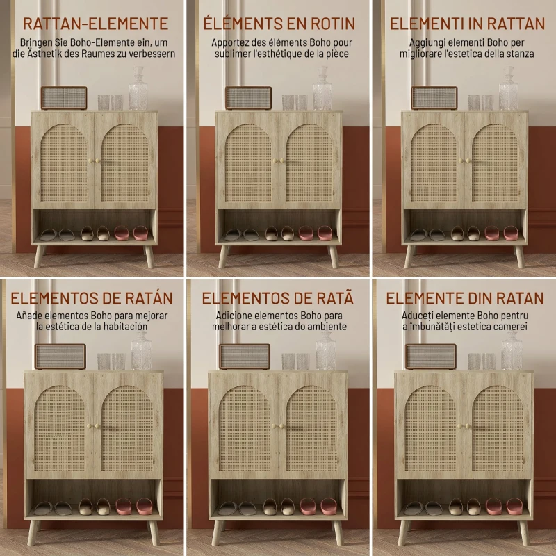 HOMCOM Dulap Multifuncțional în Stil Boho cu Uși din Ratan și Raft Deschis, 80x38x100cm, Stejar