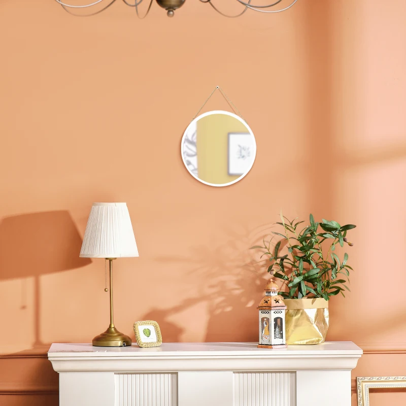 HOMCOM Espelho Decorativo de Parede 30x30cm Espelho Redondo de Metal com Corda de Canhâmo Estilo Moderno Branco