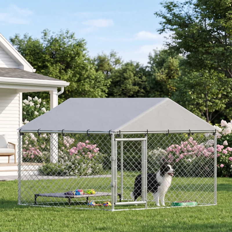 PawHut Recinto para Perros de Exterior en Acero Galvanizado con Techo de PE Plateado