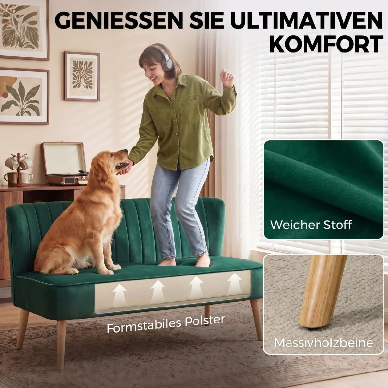 HOMCOM Retro design 2-zitsbank, houten poten, 117 cm x 56,5 cm x 77 cm, donkergroen