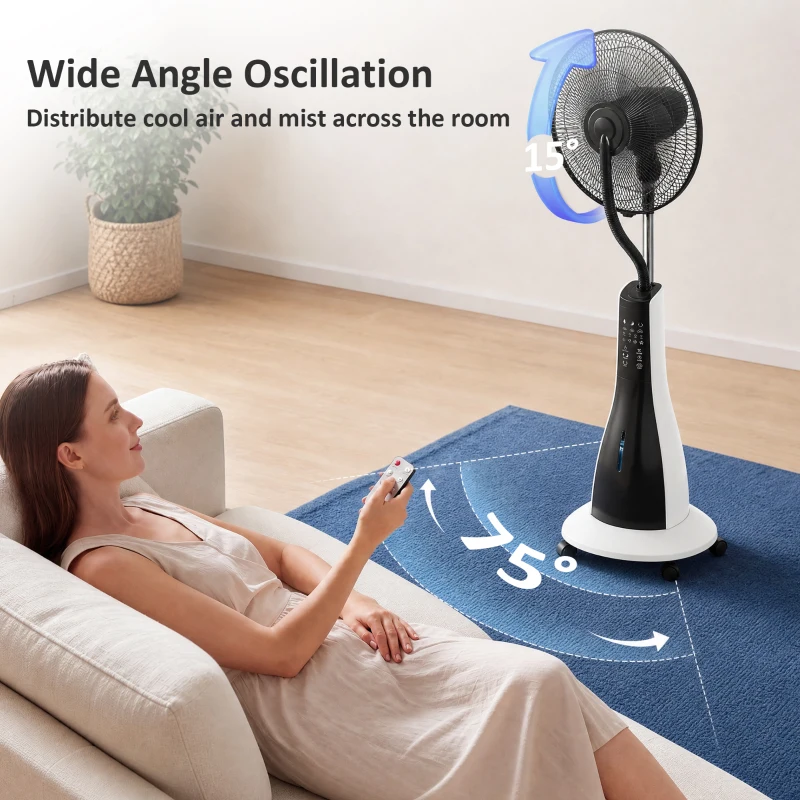 HOMCOM Pedestal Fan with Water Mist Spray, Spray Misting Fan with 75° Oscillation, Remote Control, Tilt Head, 3 Speeds, 3 Modes, 3 Mist, 3L Water Tank, Wheels, for Home, 125 cm