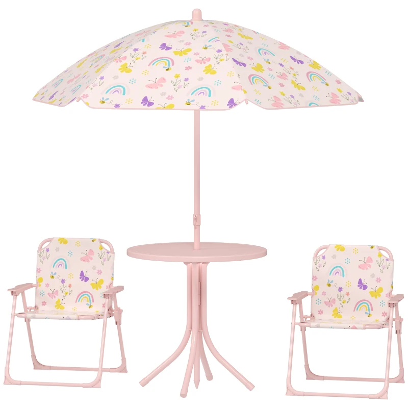 AIYAPLAY 4-Piece Kids Garden Table and Chair Set with Adjustable Parasol, Folding Chairs, Table, Rainbow Pattern, Pink