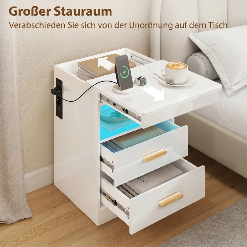 HOMCOM Nachttisch, Beistelltisch mit Ladestation und RGB-LED-Beleuchtung, Hochglanz Weiß