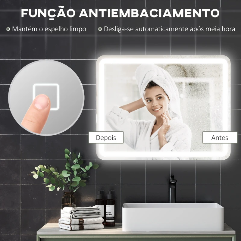 HOMCOM Espelho Casa de Banho com Luzes LED 70x90 cm Função Antiembaciamento 3 Temperaturas de Cor Ajustável e Função de Memória Prata