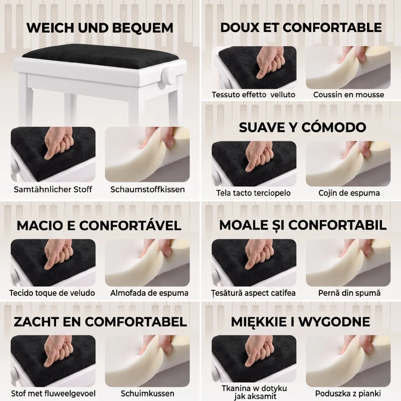 HOMCOM Klavierbank Höhenverstellbar Klavierhocker mit Gepolstertem Kissen, Samtoptik, Beinen aus Kautschukholz Weiß